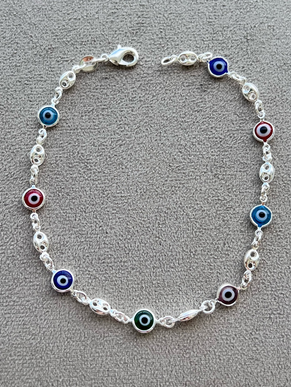 White Gold Filled Multi-Color Evil Eye Gucci Puff Link Anklet 10”
